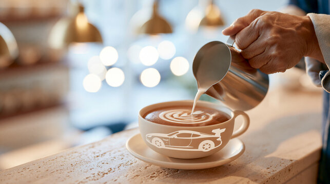 バリスタがカップに温かいミルクを注ぐカフェラテ ｜ 手元のアップ