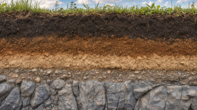 Cross-section of soil horizons illustrating distinct layers from organic topsoil with grass to solid bedrock. Earth science and geological analysis of ground composition.