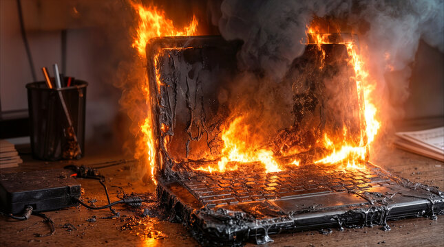 Laptop computer catching fire and emitting thick black smoke on office desk. Overheating battery causing hardware failure and fire hazard in workplace environment.