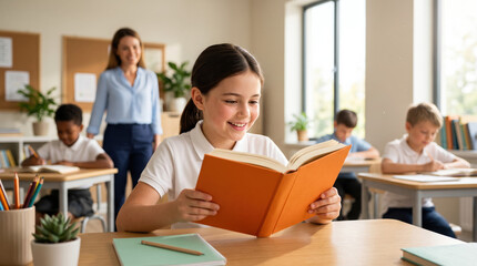 Fototapeta premium Happy elementary school student reading book in bright classroom with teacher and classmates in background, representing back to school, education, literacy, joyful learning, knowledge and success.