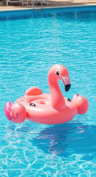 Pink flamingo pool float in blue water