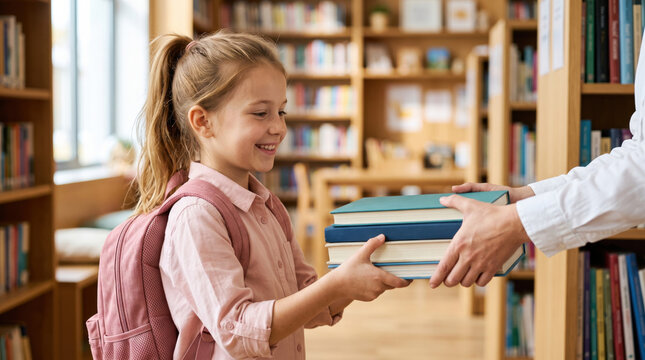Happy elementary school student receiving stack of books from teacher in library, representing back to school, education, literacy, learning, teacher support, knowledge and academic success.