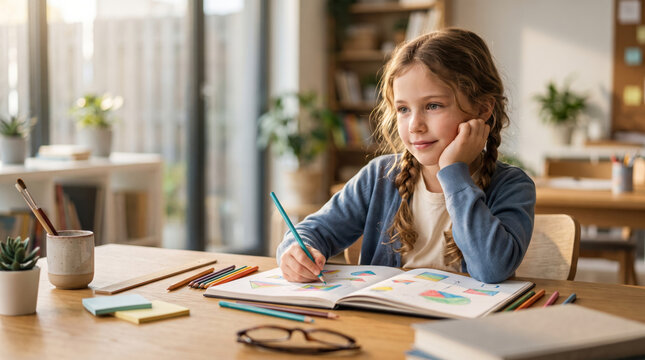 Happy elementary school student studying at classroom desk with colorful pencils and workbook, representing back to school, education, creativity, learning, concentration and academic success.