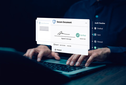 Electronic signature verification with approval status and audit timeline, representing secure contract signing, compliance tracking and paperless document workflow.
