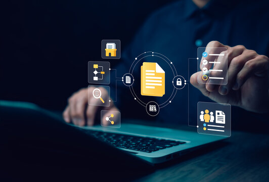 Enterprise content management with secure records, approval checklist, search, sharing and team access, representing automated workflow, governance and information control.
