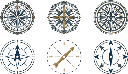 Vintage nautical compass rose vector icon set featuring marine navigation, antique map design elements, fleur de lis, and modern minimal direction arrow icons. © MstRowshanAra