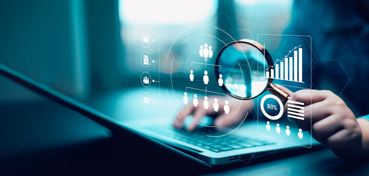 Workforce analytics concept with organizational hierarchy, employee data, performance metrics and growth charts, representing talent management and strategic workforce planning.

