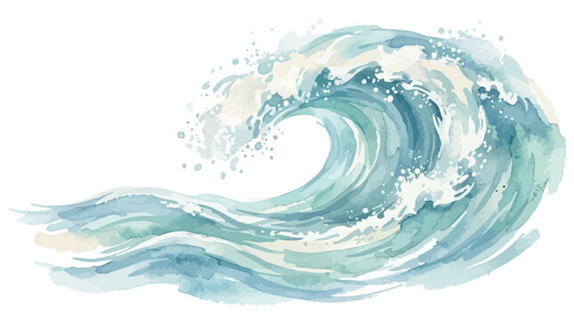 Dynamic watercolor ocean wave illustration with splashing water on white background.
