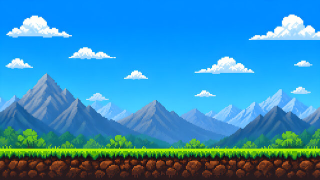 Retro pixel art mountain landscape with blue sky fluffy clouds green grass platform and classic 8 bit game background