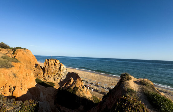 Landscape from the sky of the beaches of the Algarve Quarteira Vilamoura. Stock Photo