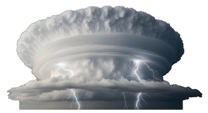 dramatic lightning storm over massive mushroom cloud with dark stormy clouds and bright flashes of lightning in the sky during severe weather