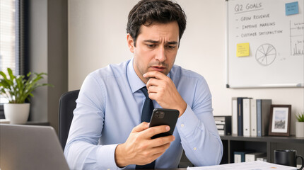 Fototapeta premium Pensive businessman looking at smartphone screen while sitting at office desk. Corporate professional analyzing data or reading news in modern workspace.