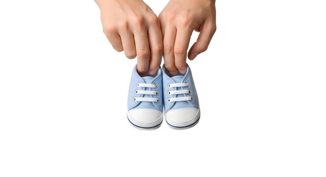 Adorable baby feet in tiny blue sneakers held by adult hands symbolizing growth childhood and caring in a bright clean setting