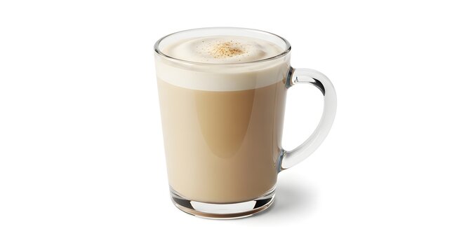 Creamy frothy latte with coffee beans in clear glass mug on white background perfect for coffee shop advertisements