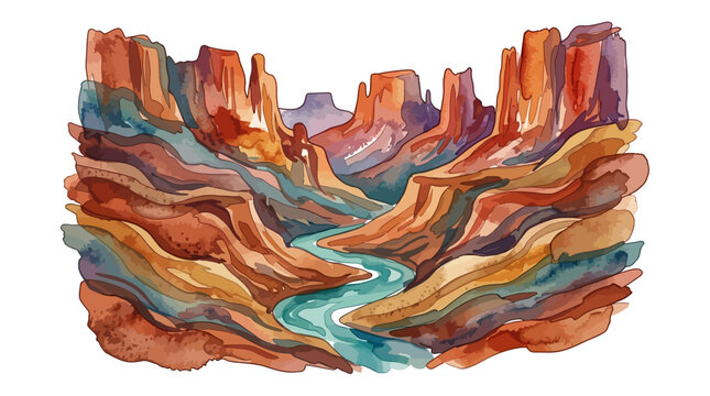Watercolor illustration of a scenic desert canyon with a winding river