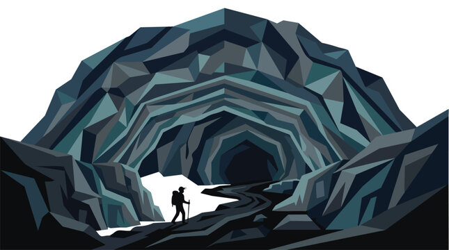 A solitary hiker stands before a dark cavern entrance in the mountains.