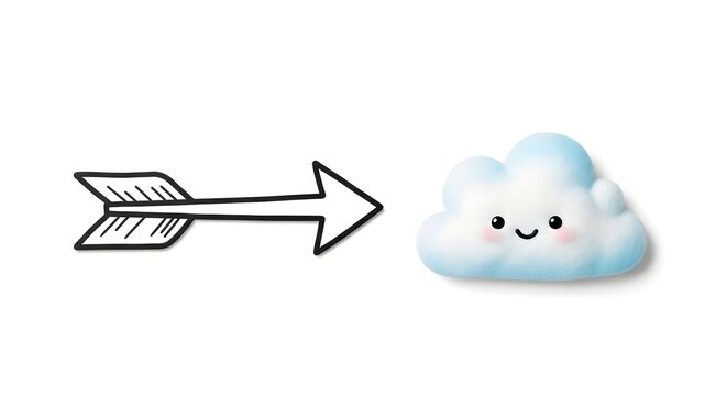cute cartoon cloud with smiling face and arrow white and fluffy cheerful weather icon for weather forecast children playful design
