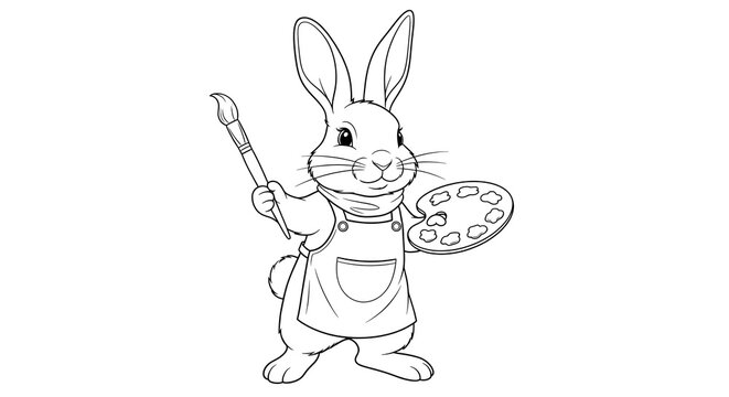 Cute bunny artist holding paintbrush and palette in a creative setting in black and white line art