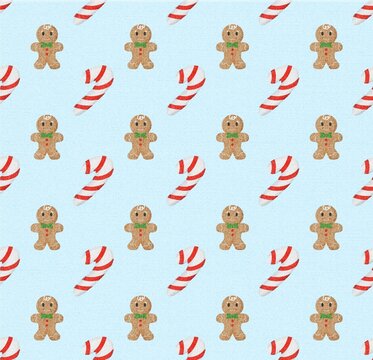 Cute Christmas Seamless Pattern with Gingerbread Cookies and Candy Canes