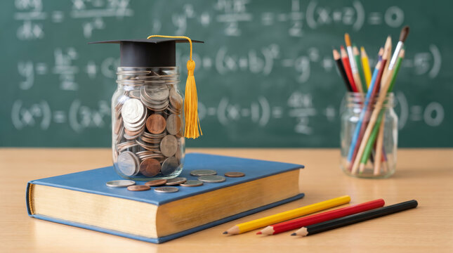 Coin jar graduation cap book pencil school saving money classroom. Education learning study graduation. back school shopping, finance budget cost planning, scholarship loan