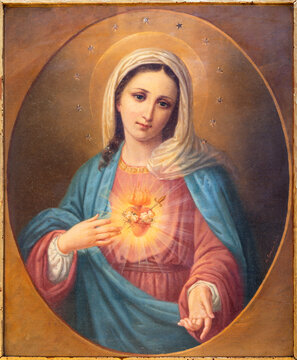PISA, ITALY - JUNE 22, 2026: The  painting of Heart of Virgin Mary in the church Chiesa di San Michale in Borgo by unknown artist of 19. cent. 