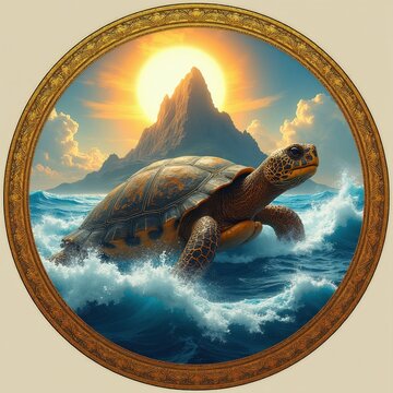 Giant sea turtle Kurma avatar of Vishnu swims in ocean waves carrying mountain Mandara on back. Hindu deity mythology art shows sacred animal during Samudra Manthan event. Ancient religious legend