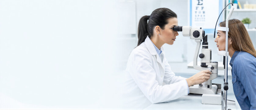 Woman ophthalmologist examining eye of woman patient with slit lamp in clinic. Professional vision test and medical checkup for International Ophthalmologist Day. Banner with copy space