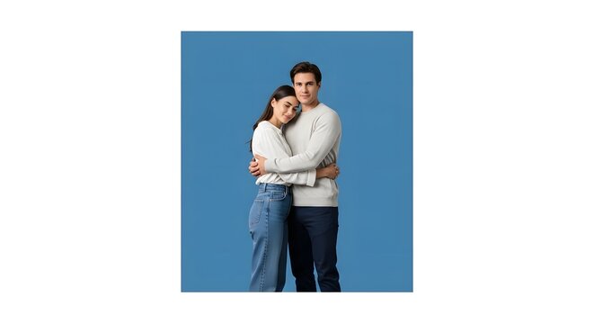 young couple embracing against blue background representing love friendship and connection in casual clothing