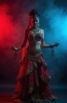 Professional dancer performs belly dance in traditional multi layered Indian costume with metal jewelry. Young woman wearing ethnic clothes poses in studio lights with colorful smoke background.