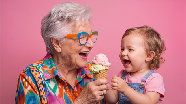 Grandmother and granddaughter laughing while holding an ice cream cone against a pink background. Joyful family bonding and summer treats.