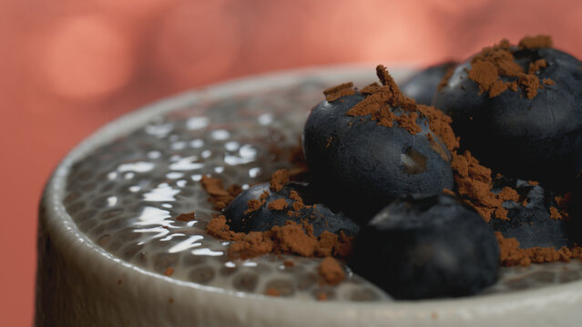 Macro of chia pudding with blueberries and cocoa powder in a cup on terracotta bokeh background. Healthy dessert for cafe menu, chocolate food banner, social media template, and wellness advertising.