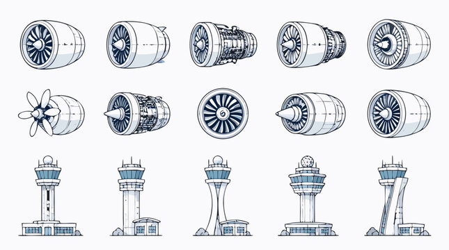Commercial aviation line icon collection featuring jet turbine engines, propellers, airport control towers and runway infrastructure, clean blue technical vector set for aerospace branding