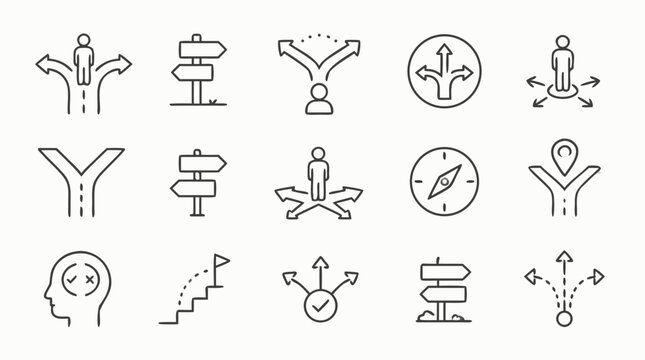Decision making outline icon set showing crossroads, choices, direction signs, strategy paths, compass and goals, editable stroke vector symbols for planning, leadership and problem solving concepts