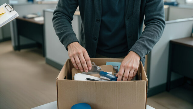 Office worker packing personal belongings into cardboard box. Employee leaving job or being fired from corporate position in modern workspace.