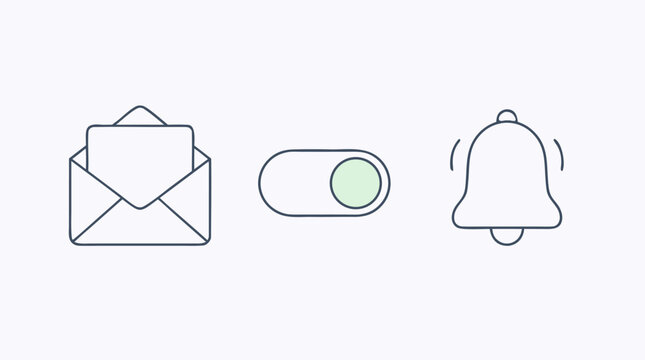 Newsletter subscription icon trio with open envelope, opt-in toggle switch and ringing notification bell in clean editable stroke vector style for email marketing and app interface design
