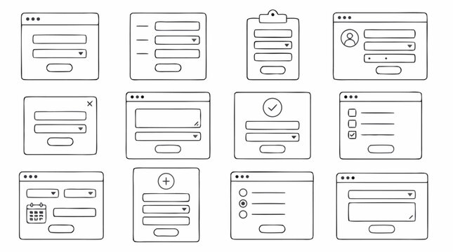 Clean editable stroke line icon set for online forms, input fields, dropdown menus, submit buttons, checklists, calendars and browser UI, minimal vector web interface elements for apps and websites
