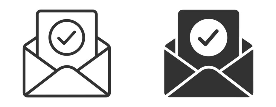 Verified email outline icon with envelope, checkmark and message confirmation symbol on transparent background