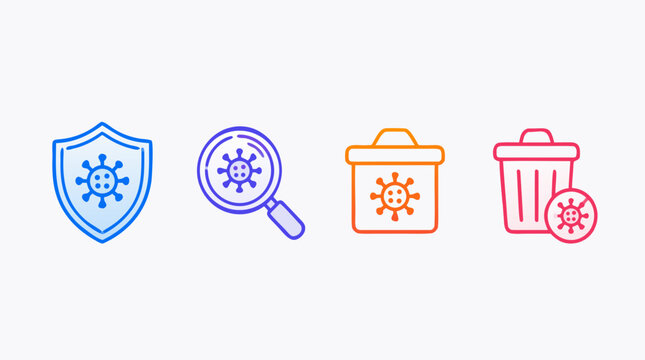 Malware protection rounded line icon set with shield defense, virus scan magnifier, quarantine folder and threat removal trash bin in colorful editable cybersecurity vector design for secure apps