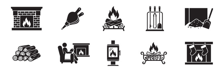 Obraz premium Fireplace and firewood icon set. Brick fireplace, bellows, campfire, tools, wood pile, cozy reading, stove. Vector illustration.