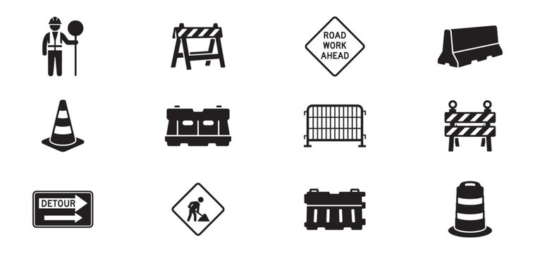 Road construction and traffic barrier icon set. Builder with stop sign, wooden barricade, road work ahead sign, traffic cone, water barrier, fence, detour sign and barrel. Vector illustration.