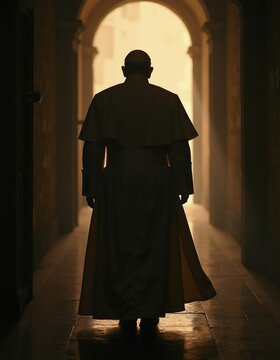 Back view silhouette of Catholic Pope walking inside Vatican corridor towards bright light. Spiritual religious leader in traditional white cassock robe moves slowly through dark stone hallway.