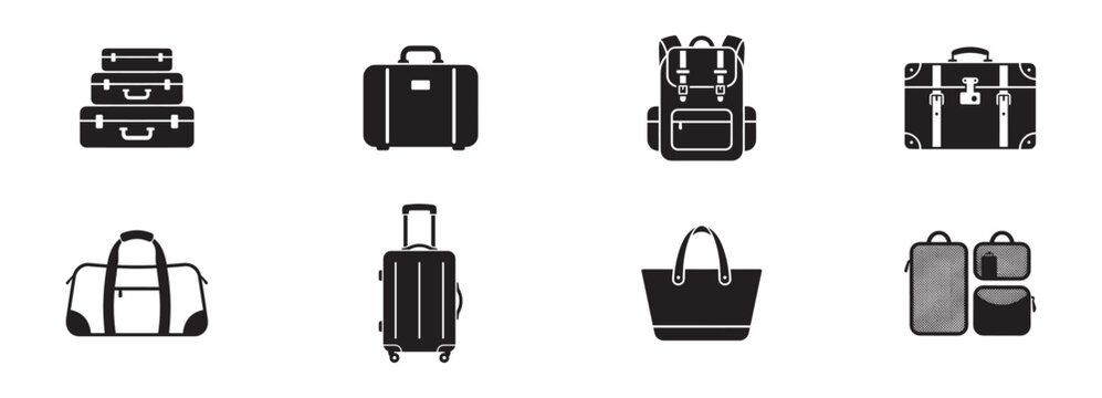 Luggage and travel bags icon set. Suitcase stack, backpack, vintage trunk, duffel bag, trolley bag, packing cubes. Vector illustration.