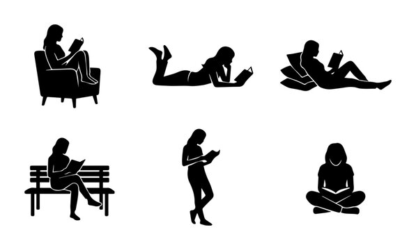 Diverse Silhouettes Reading Books, Relaxed Poses, Vector Set for Lifestyle and Education