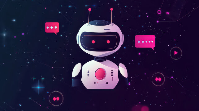 Robot featuring a round head and pink glowing eyes floats in deep space while interacting with floating notification bubbles that represent digital communication and connectivity in the universe.