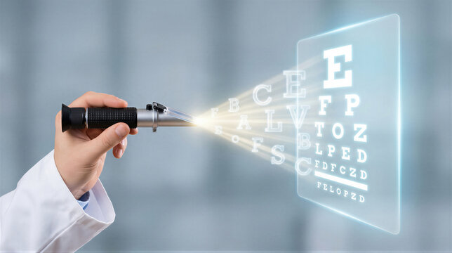 Ophthalmologist using digital projector to display eye chart for vision test. Doctor examining patient, innovative technology for eye care, diagnostic exam on International Ophthalmologist Day.