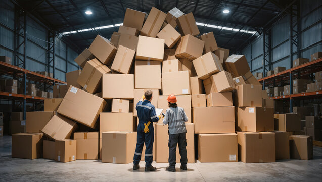 Inventory managers assessing massive pile of disorganized cardboard boxes in large storage facility. Logistics challenge and warehouse management issues.