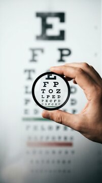 Hand of man holding trial lens over eye chart for vision test. Ophthalmologist performing visual acuity examination. Medical equipment for sight checkup in clinic for eye health day.