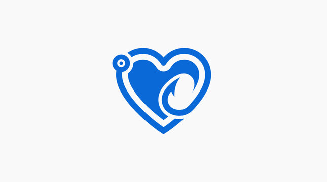 Heart shape with fishing hook abstract blue logo