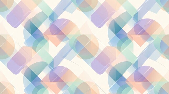 Abstract transparent geometric seamless pattern with overlapping pastel circles, rectangles and triangles on minimalist background for modern branding, packaging and textile design