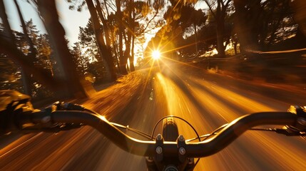 Naklejka premium Biking through a forest path at sunset with the sun shining brightly ahead and trees lining the sides of the trail